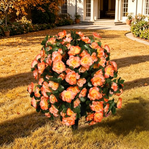 Artificial Silk Azalea Flowers Topiary Ball with Ground Stake, Tangerine | Fake Plant Bushes Shrubs, Outdoor Garden Yard Patio Home Decor, UV Resistant