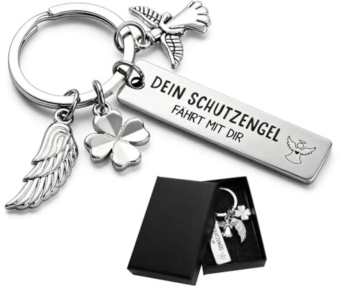 DOORIO Schutzengel Schlüsselanhänger Motorrad Auto Glücksbringer Engel Anhänger mit Gravur Dein Schutzengel fährt mit dir Kleeblatt Engelsflügel für Frauen Männer Führerschein Geschenke Silber