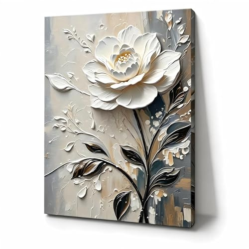 RGsixiot Tableau sur Toile Vertical Fleur Blanche Effet de Relief 3D | Affiche Florale | Grande Impression Giclée sur Toile | Décoration Murale pour Salon et Bureau (20x30cm/Cadre interne)