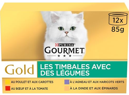 GOURMET | GOLD | Les Timbales aux Légumes| Aliment Complet pour Chat Adulte | Boîtes | Au Bœuf, Poulet, Dinde, Agneau | Lot de 8 (12x85g)