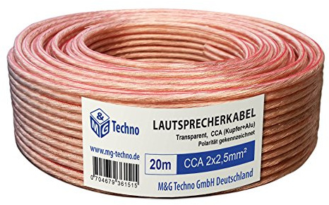20m Lautsprecherkabel 2x2,5mm², rund, Transparent, CCA, Boxenkabel, mit Metermarkierung, in bewährter M&G Techno-Qualität