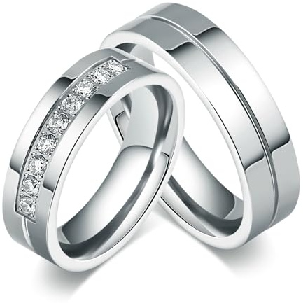 Bishilin Verlobungsringe Paar Ringe Set, Paar Ringe Edelstahl 6MM Hochglanzpoliert mit Zirkonia Partner Ringe Personalisiert für Sie und Ihn Gr.49-67