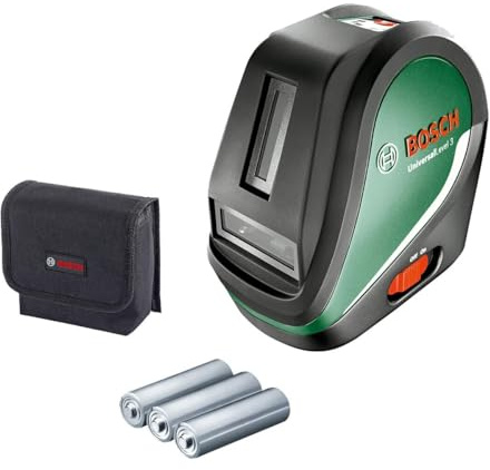Bosch Kreuzlinienlaser UniversalLevel 3 (3 Laserlinien inkl. vertikaler Linie im 90°-Winkel für ein zusätzlichem Laserkreuz an der Decke und Lotpunkt unten für präzise Ausrichtungen)