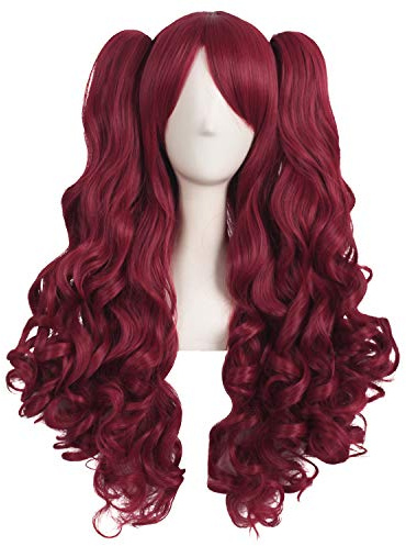 MapofBeauty 70 cm Lolita Lange Lockige 2 Pferdeschwanz 1 Perücke, Blood Rot | 28 Zoll Cosplay Perücke