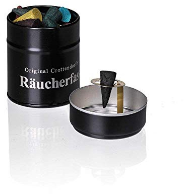 Crottendorfer Räucherfass mit Räucherkerzenhalter inkl. 20 Räucherkerzen Kaminzauber und Feuerzeug