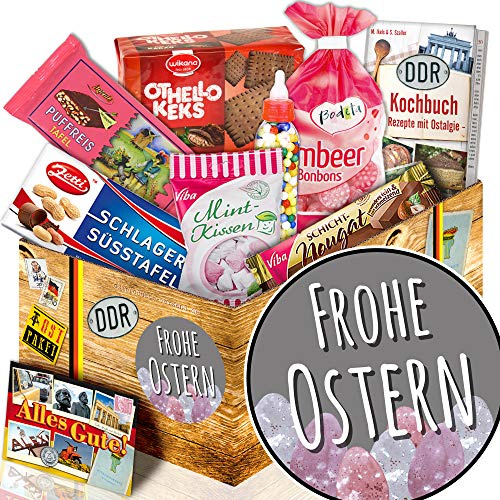 Ostalgie DDR Oster-Geschenkset - Ostpaket Süßigkeiten & DDR Kochbuch | Kulinarische Zeitreise im Geschenkkorb mit Zetti, Viba, Liebesperlen & Wikana Keks - Ideales Ostergeschenk für Erwachsene