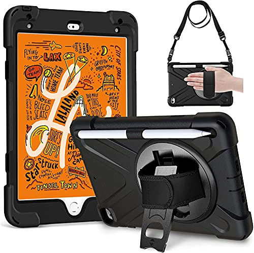 Gerutek Hülle für iPad mini 5. /Mini 4. Gen 7,9 Zoll 2019/2015, Schwarz | Stoßfeste Hülle mit 360° Drehbar Stände/Handschlaufe, Schultergurt Stifthalter, Rundumschutz Case für Arbeit/Outdoor/Drinnen