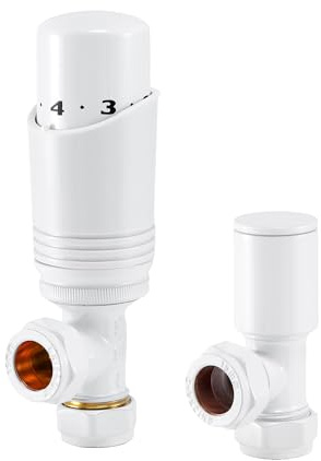 Sandy Beach Central Heating TRV Radiator Valves - Angled Radiator Valves, White Radiator Valves, Thermostatic Radiator Valve, Radiator Valve Angled with Lockshield Valve - 15mm (Angled White)