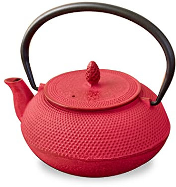 NOREN Roji Associates Théière en fonte, théière Nanbu Tekki, (type ARARE – ronde), fabriquée au Japon, avec passoire à thé, finition émaillée intérieure, théière(600 ml/rouge)
