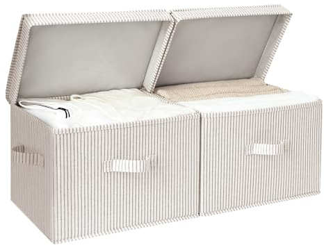 StorageWorks Fabric Storage Bins with Lid, Decorative Storage Boxes for Shelves, Stackable Closet Organizer Basket with Handles, Large, Khaki and Beige Stripes, 2-Pack