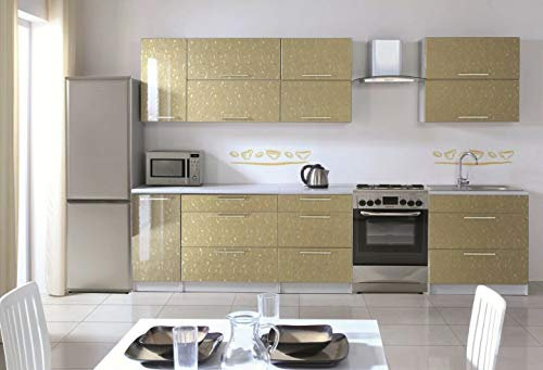 NAKA NEU Küche Küchenzeile 260cm Blumen MDF Gold Hochglanz, MONTIERT