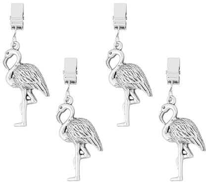 UP ware Flamingo Tischdeckenbeschwerer mit Metall-Clips, Zinklegierung, dekorative Halter, Outdoor-Picknick-Tischdeckenklammern, Silber, 4 Stück