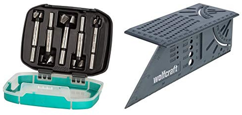 Wolfcraft 1002000 Punte Forstner CV, argento, compound Ø 15, 20, 25, 30, 35 mm in scatola pieghevole di plastica 2k Mini Pack 5 & 5208000 Squadra Tridimensionale, Grigio, 212 x 62 x 74 mm