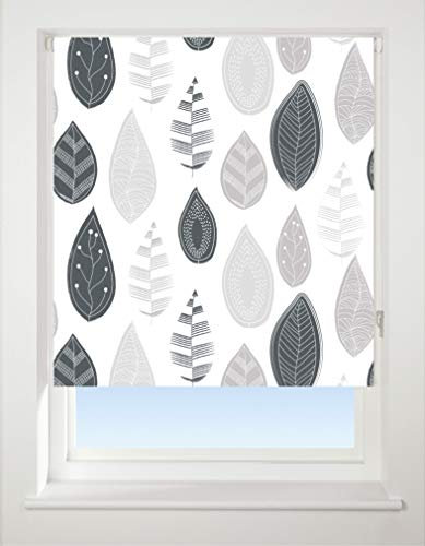 Blackout Polyester Roller blind, Leaf Grey pattern, 90cm Wide x 170cm Drop