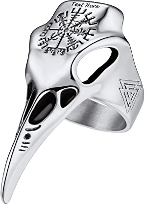 PROSTEEEL Personalizable Anillo Acero Sello Cuervo Vikingo Brujula Vegvisir Helm, Talla 54.4 Anillo Moto Biker