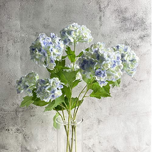YalzoneMet Artificial Snowball Viburnum 4 Pcs 26.8 in Graduated Blue Small Hydrangea 2 Head Natural Lifelike Real Touch Faux Latex Long Stem Vibernum Flower for Home Decoration Outdoor Wedding Deco