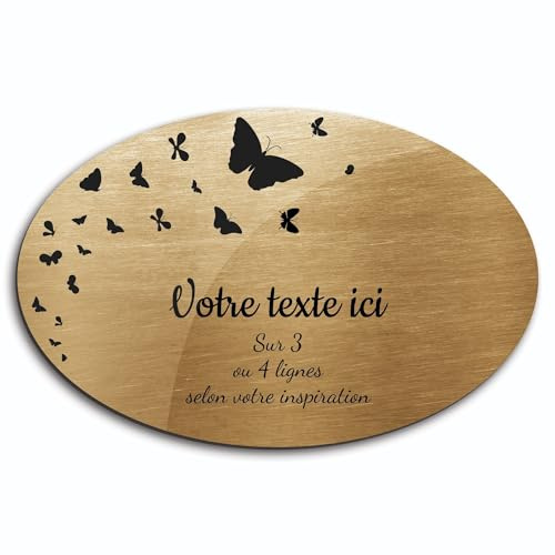 Plaque gravée funéraire motif Papillon autocollante modèle ovale (20x13 cm) personnalisée 1 à 3 lignes Or Brossé