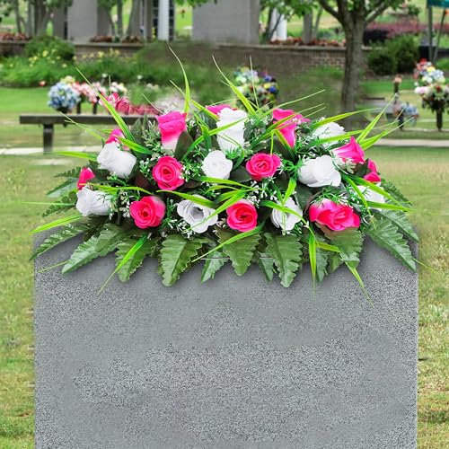 LVXINLI Friedhofs-Grabstein-Blumensattel, Outdoor-Grabdekoration, rote und weiße Rosen, Gedenktag Blumen für Grabstätte (rosa und weiß)