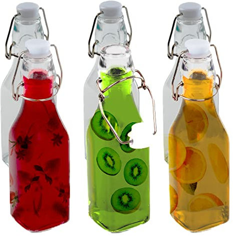 ZENO Clip Top Preserve Bottles - 250ml | Set of 6 Airtight Glass Cruet Dispenser Bottles | Ideal for Home Brewing | Vintage Style Vacuum Clip Seal | Glass Bottles w/Stoppers