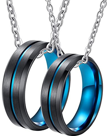 BCughia Partnerketten Personalisiert, Partner Ketten mit Gravur Blau Halskette Gravieren Blauer und Schwarzer Gebürsteter Ring 8 mm Necklace für Paar