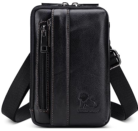 VARLIVOO Vintage Umhängetasche Herren Leder Klein Schultertasche Mini Messenger Bag Outdoor Bauchtasche Sport Gürteltasche Hüfttasche Crossbody Handytasche für Arbeit Reise Wandern Schwarz
