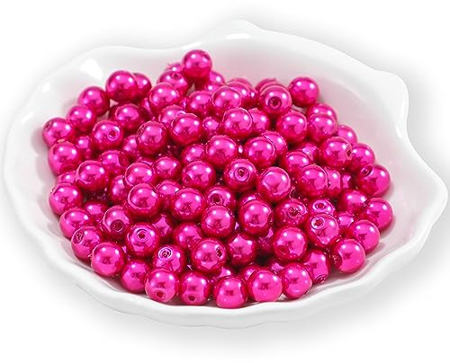 Guoxin 200Pcs Glass Pearl Beads Faux Pearls Round Czech Tiny Satin Luster Spacer Loose Beads Bulk with Holes Handcrafted for DIY Bracelets Jewelry Making Crafts Supplies (4MM, Fuchsia)