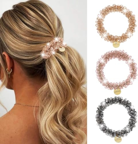 Zoestar Kristall-Haargummis, Perlen, elastische Haarbänder, Pferdeschwanz-Halter, modischer Haarschmuck für Damen und Mädchen (3 Stück) (Set 2)