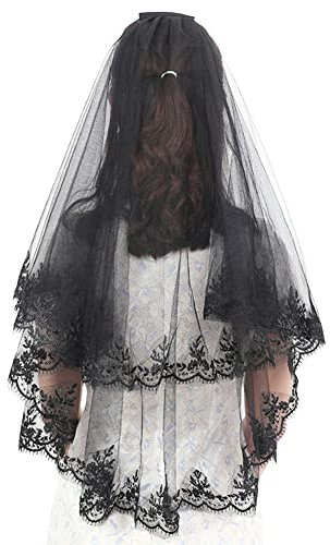 Asudaro Braut Spitzen Schleier, 2 Stufiger Braut Schleier Mit Mitte Spitzenkante Haarkamm Modisch Elegant Schlicht Kurz Schwarz Brautschleier 80 Cm Retro Spitze Kurz Schwarz/Weiß Schleier Schwarz