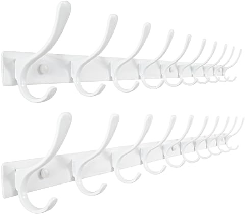 SKOLOO Kleiderhaken wand - 10 Haken, Garderobenleiste Edelstahl(2 Stück), Garderobenhaken Schwere, Metall Hakenleiste, Stabile Hakenleiste zum Aufhängen von Mantel, Jacke, Kleidung, Hut(Weiß)