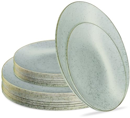 PLASTICPRO 32 Pack Elegant Disposable Plastic Plates Combo Set Includes 16 Dinner Plates and 16 Salad Plates Heavy Duty Fancy Party Plates Green Granite Plates with Gold rim