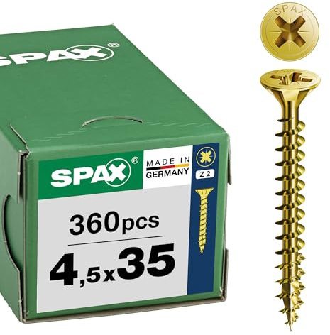SPAX Tornillo Universal 4,5 x 35 mm, 360 pzas., Cabeza Avellanada Z2 | Tornillos para madera con punta 4CUT y rosca completa para uniones estables sin taladrar en interiores y exteriores
