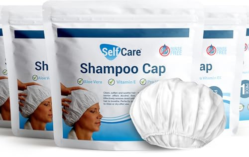 Waterless Shampoo Caps for Elderly or Bedridden - No Rinse, Anti-Bacterial, Enriched with Aloe Vera, Vitamin E, & Provitamin B5 - Dry Hair Wash Solution (Pack of 5)