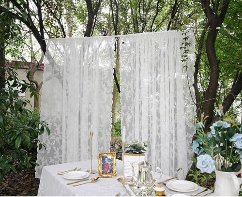 Gardinen Weiße Spitze Vorhang Blumen Bestickte Spitzengardinen, 2erTransparent Vorhang Spitze Voile Spitzenvorhänge mit Gardinengurte für Wohnzimmer Schlafzimmer Dekor (2stk B150 x H230 cm)