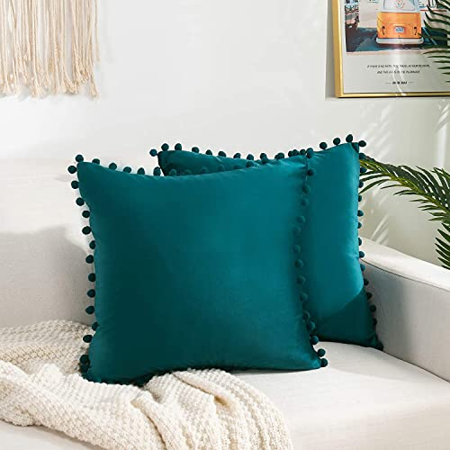 KNOTTING HOME Pack of 2 Velvet Pompom Decorative Throw Pillow Covers Soft Solid Square Cushion Cover Pillow Decor, D.Teal, 18 x 18 inches 45 x 45 cm