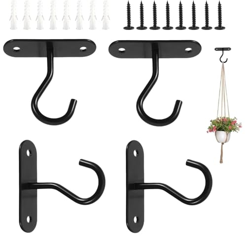 4Juegos Ganchos de Pared para Plantas, Gancho de Techo para Colgar Plantas, Ganchos para Plantas con Tornillos, Negro, Para Macetas, Faroles, Comederos de Pájaros