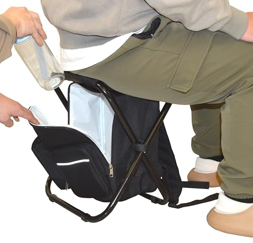 Tomalithic Sgabello Pieghevole Portatile,Zaino Pesca, con Borsa Termica,Tessuto Oxford in PVC 600d, per La Pesca, Il Campeggio, Le Escursioni, I Viaggi, Il Giardino, Barbecue(Nero-52 X 36 X 5 Cm)