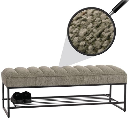 Mendler Sitzbank HWC-N68 mit Schuhablage, Bank Polsterbank Garderobenbank Schuhregal, Stoff Chenille Metall 130cm - grün