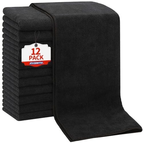 FIXSMITH Salon Towels 12 Pack, Black Hand Towels for Bathroom, Quick Dry Gym Towels, Spa Face Towel, Absorbent Microfiber Towels for Salon, Barber, Gym, Bath, Pedicure and Home Hair Care,16 x 27 in