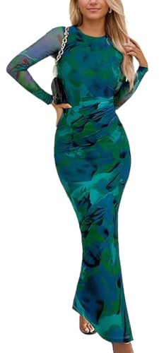 EMOTTOS Women Floral Print Maxi Dress, Boho Split Bottom Long Dress, Ladies Slim Fit Ruched Waist Dress, Wrap Long Dresses for Ladies Party Beach, Green, L