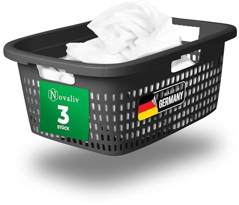 Novaliv 3er-Set Wäschekorb mit 3 Griffen 25L Anthrazit, Wäschebox Set Wäscheeimer Wäschebehälter für Bad Wäsche Schmutzwäsche, Wäschekörbe Schmutzwäschebehälter Haushalt Korb Sammler Box