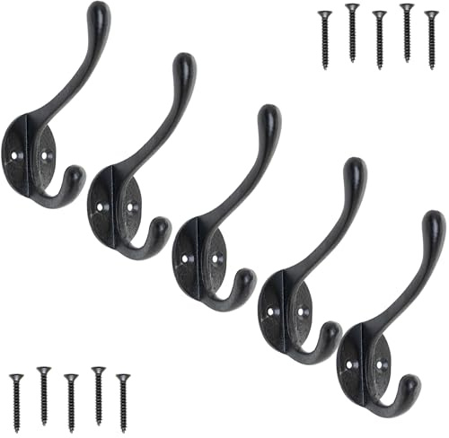 EDUWURXS Cast Iron Coat Hooks Black Finish, 5 Pack
