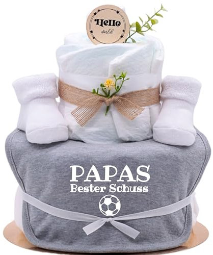 Trend Mama | Windeltorte | sport grau meliert | Spruch wählbar | 27 Windeln (Größe 2) 1x Baby Lätzchen, 1 paar Kuschelsocken |Geschenk Geburt (Design| Fussball- Papas bester Schuss)