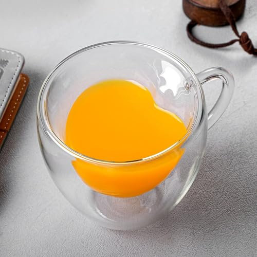 NobesOnbet Tazzine da caffè in Vetro a Forma di Cuore a Doppio Strato, tazzine da caffè a Forma di Cuore a Doppio Strato con Manico, tazzine da caffè individuali,80ML