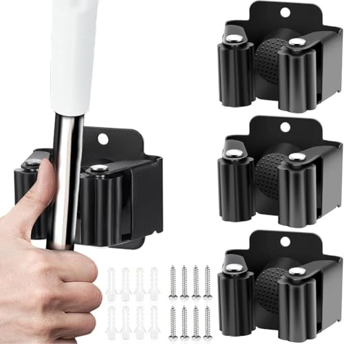 PAIKIUU Lot de 4 supports muraux autocollants pour balai - Support mural pour manche à balai - Support mural pour cuisine, maison, salle de bain, garage