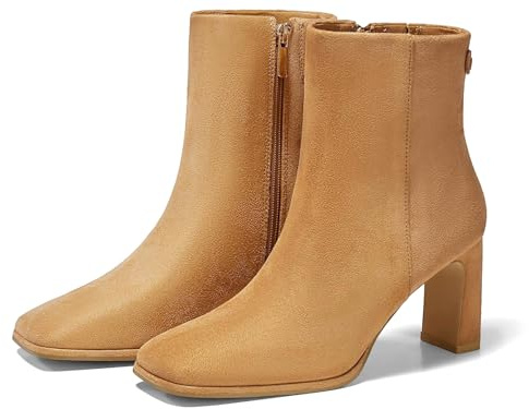 Coutgo Women's Square Toe Ankle Boots Chunky Block Heel Side Zipper Booties Faux Suede Winter Shoes, Brown, size 6.5