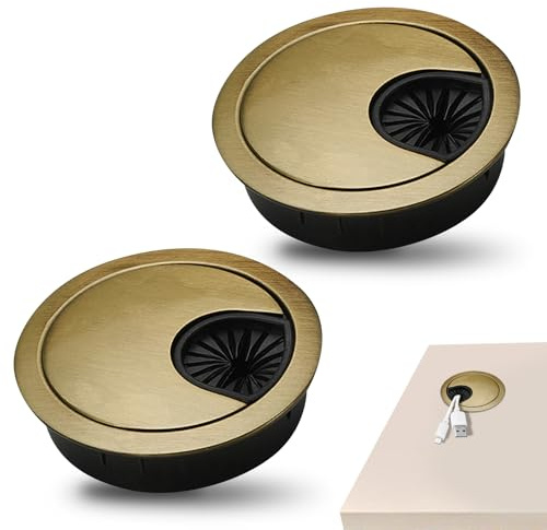 53mm Gold Desk Cable Grommet Cover 2Pcs Alloy Round Desk Table Grommet | Rust-free Adjustable Center Hole Organizer Cable Tidies Desk Wire Hole Cover for Management of Office & Computer Desk