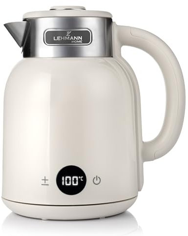 LEHMANN Hervidor de Agua Eléctrico con Control de Temperatura 40-100°C, 1,5L, 1600W, Función Mantener Caliente, Pantalla LED, Acero Inoxidable, Apagado Automático, sin BPA, Crema