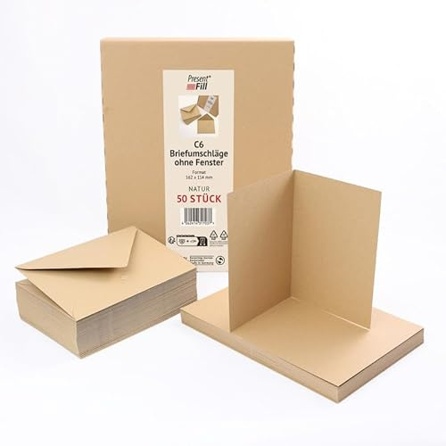 PresentFill - Set di 50 biglietti pieghevoli, con buste senza finestra, formato DIN A6, formato C6, prodotto in Germania, carta kraft riciclata al 100%, certificato con angelo blu