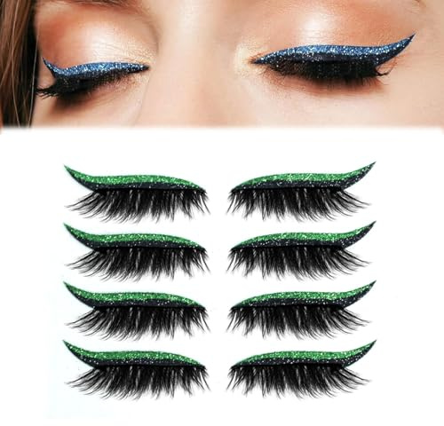 4 Paar Lazy Eyeshadow Wimpernpatch, Lazy Eye Shadow Eyelash Patch, Glitzer-Lidschatten-Aufkleber Mit Wimpern, Einfach Aufzutragender Lidschatten Und Wimpern in Einem, Ohne Kleber (B-Grün)