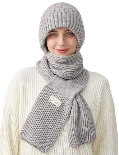 FEOYA Damen 2 in 1 Strickmütze Schal mit Fleecefutter Warme Wintermütze Winddichte Kapuzenschal Sturmhaube Beanie Halswärmer Sets Grau